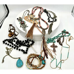 Lot of 10 Western Cowgirl Boho Themed Necklaces Tassels Beaded Turquoise Cross